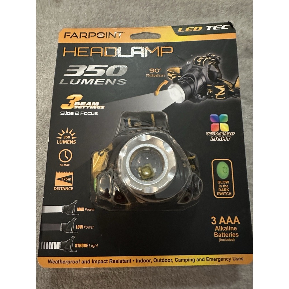 "Farpoint"HeadLamp 350 Lumens LED 3 Beam Setting Slide2 Focus-3 AAA Included